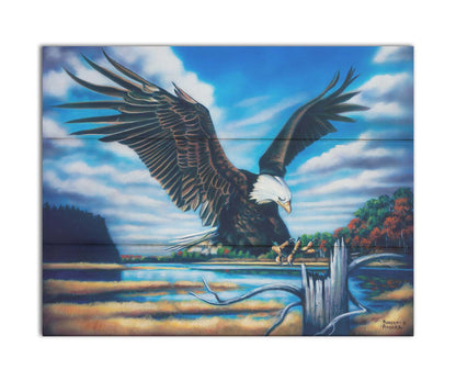 A painting of an eagle landing on a stump in front of a lake. Printed on a box board.