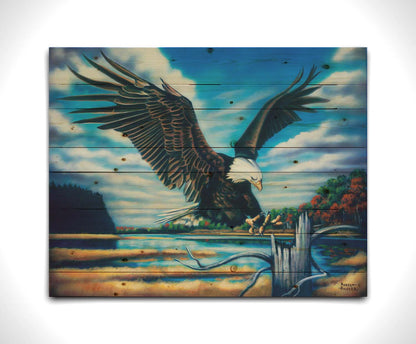 A painting of an eagle landing on a stump in front of a lake. Printed on a wood pallet.