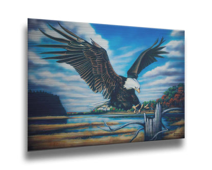 A painting of an eagle landing on a stump in front of a lake. Printed on metal.