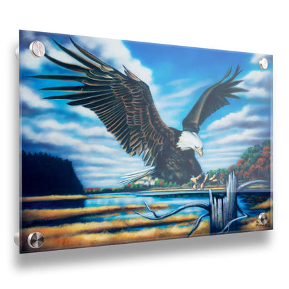 A painting of an eagle landing on a stump in front of a lake. Printed on acrylic.