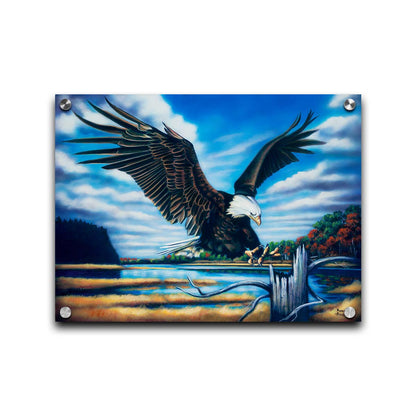 A painting of an eagle landing on a stump in front of a lake. Printed on acrylic.