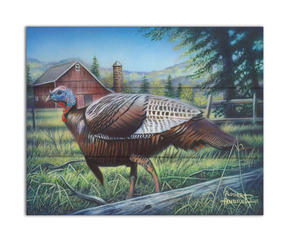 A painting of a turkey walking through the grass in front of a barn. Printed on a box board.