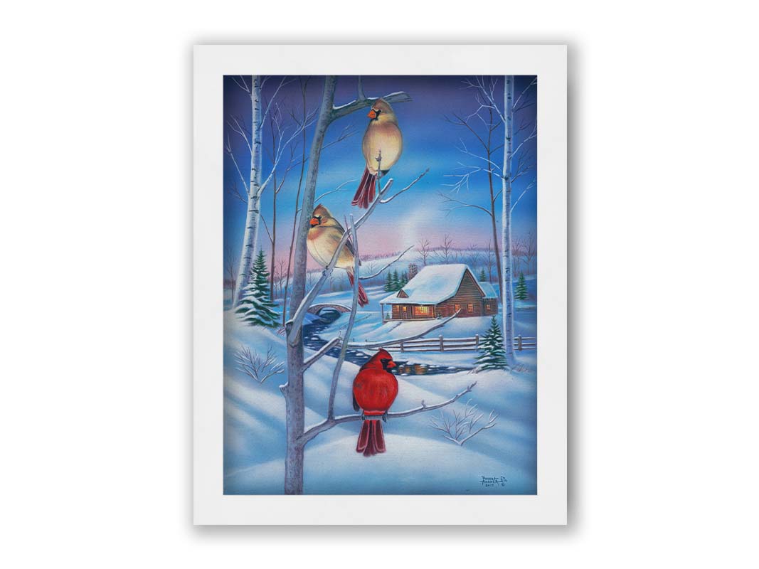 A painting of three cardinals, perched on branches above the snow. A cabin can be seen in the background, warm and inviting. Printed on canvas and framed.