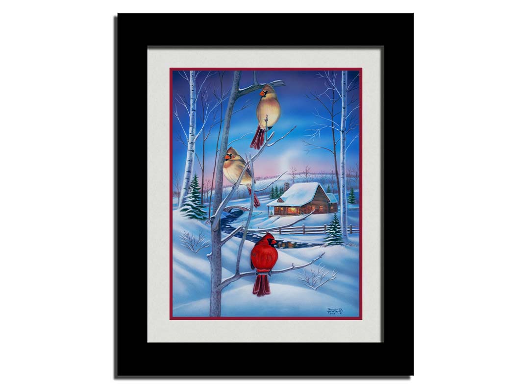 A painting of three cardinals, perched on branches above the snow. A cabin can be seen in the background, warm and inviting. Printed on paper, matted, and framed.