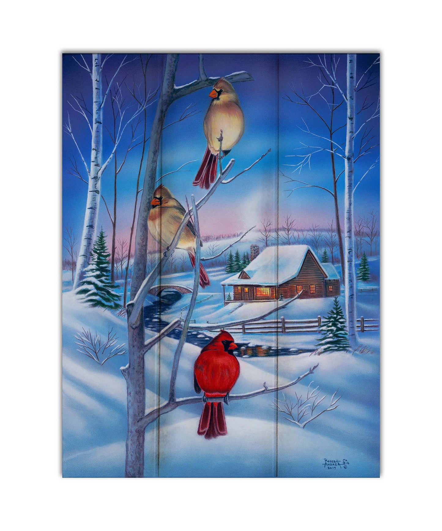 A painting of three cardinals, perched on branches above the snow. A cabin can be seen in the background, warm and inviting. Printed on a box board.