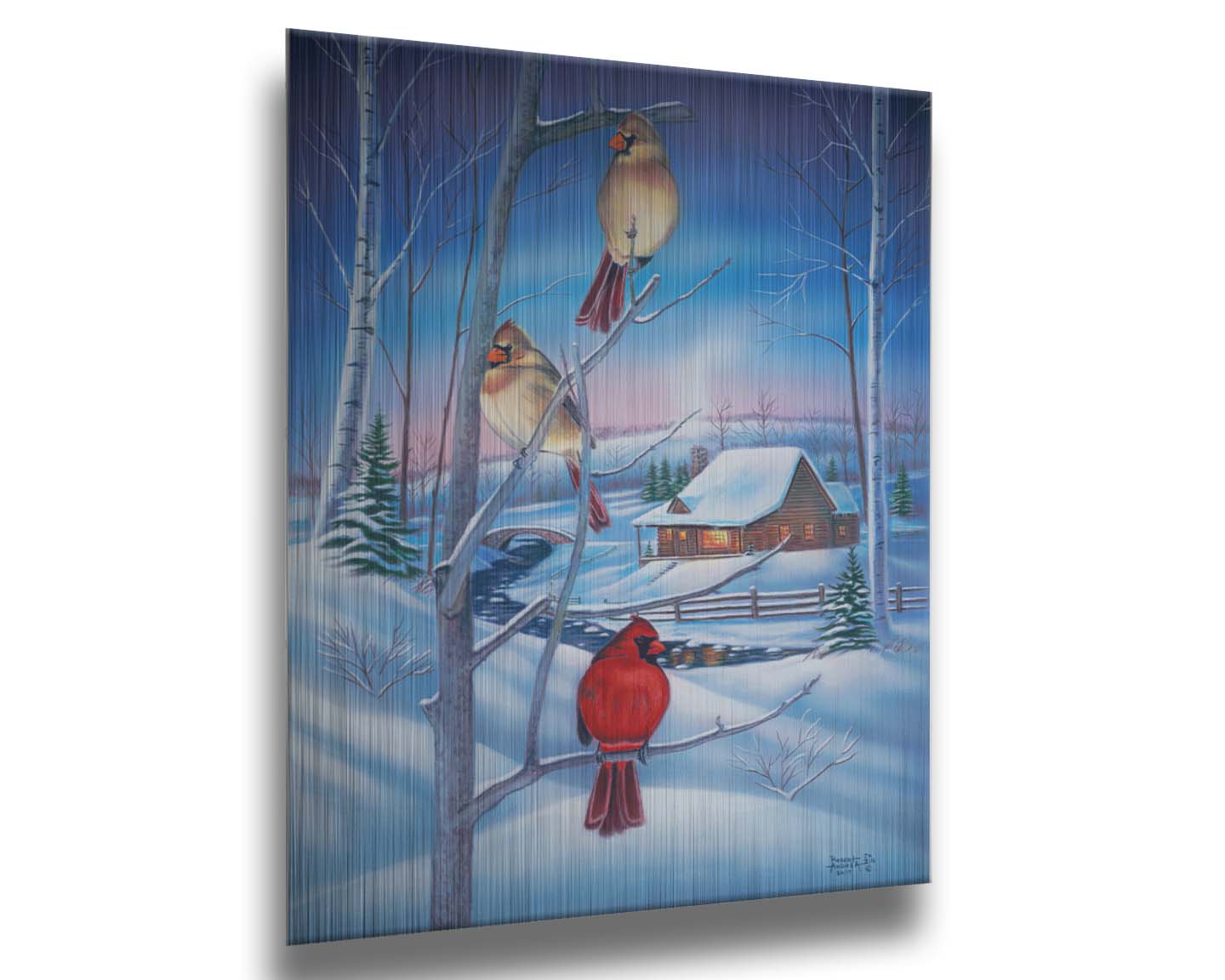 A painting of three cardinals, perched on branches above the snow. A cabin can be seen in the background, warm and inviting. Printed on metal.