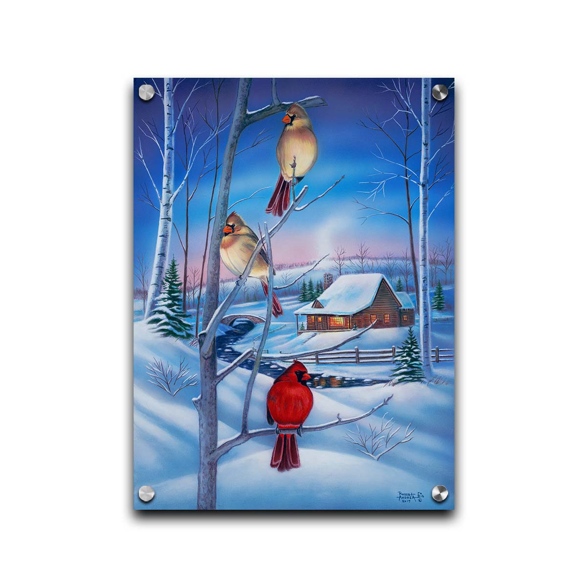 A painting of three cardinals, perched on branches above the snow. A cabin can be seen in the background, warm and inviting. Printed on acrylic.