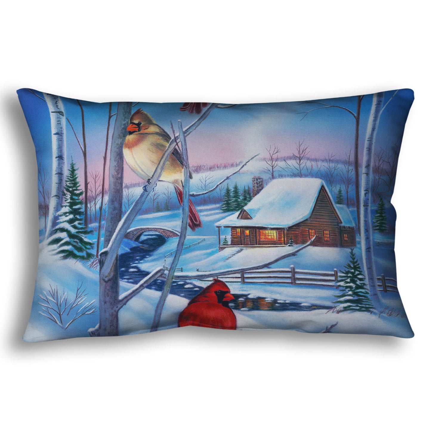 Decorative pillow designed with a snowy winter scene, focused on cardinals near a cabin.