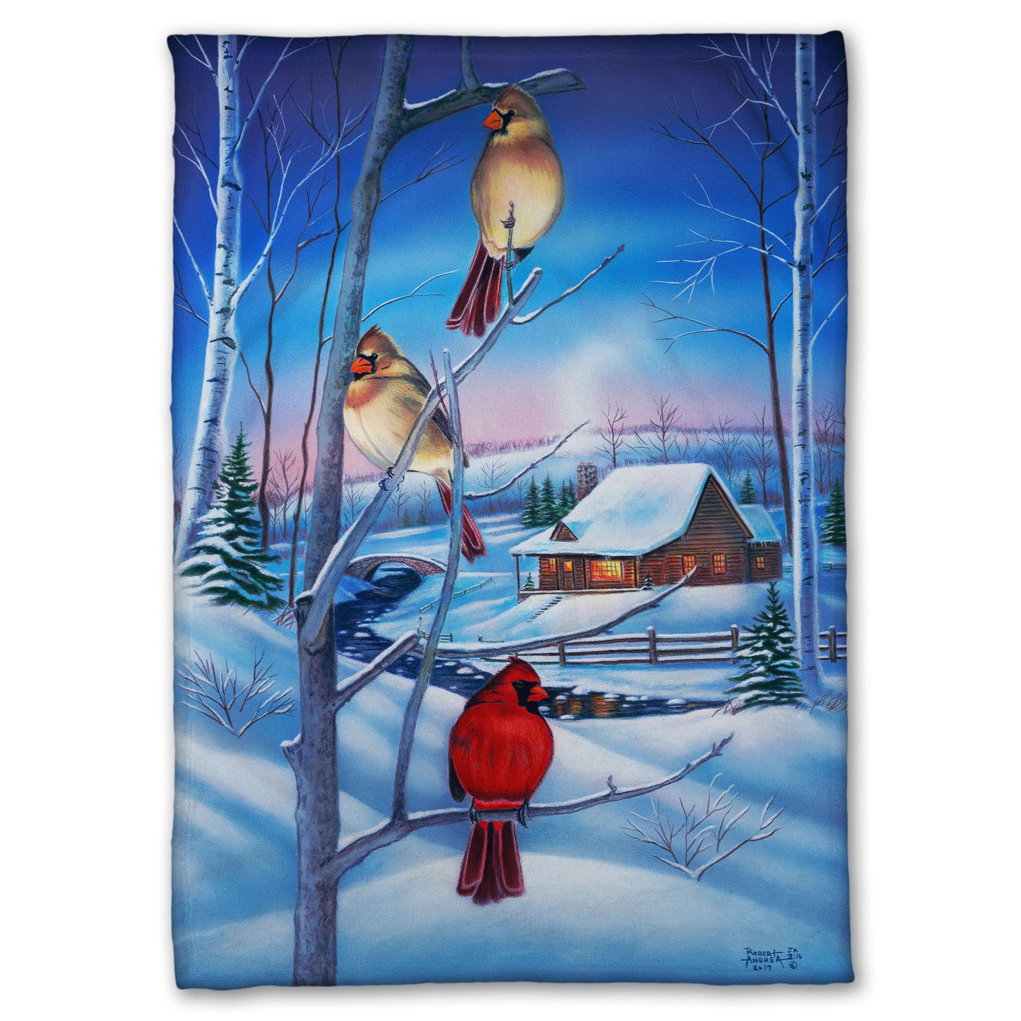 Coral fleece blanket designed with a snowy winter scene, focused on cardinals near a cabin.