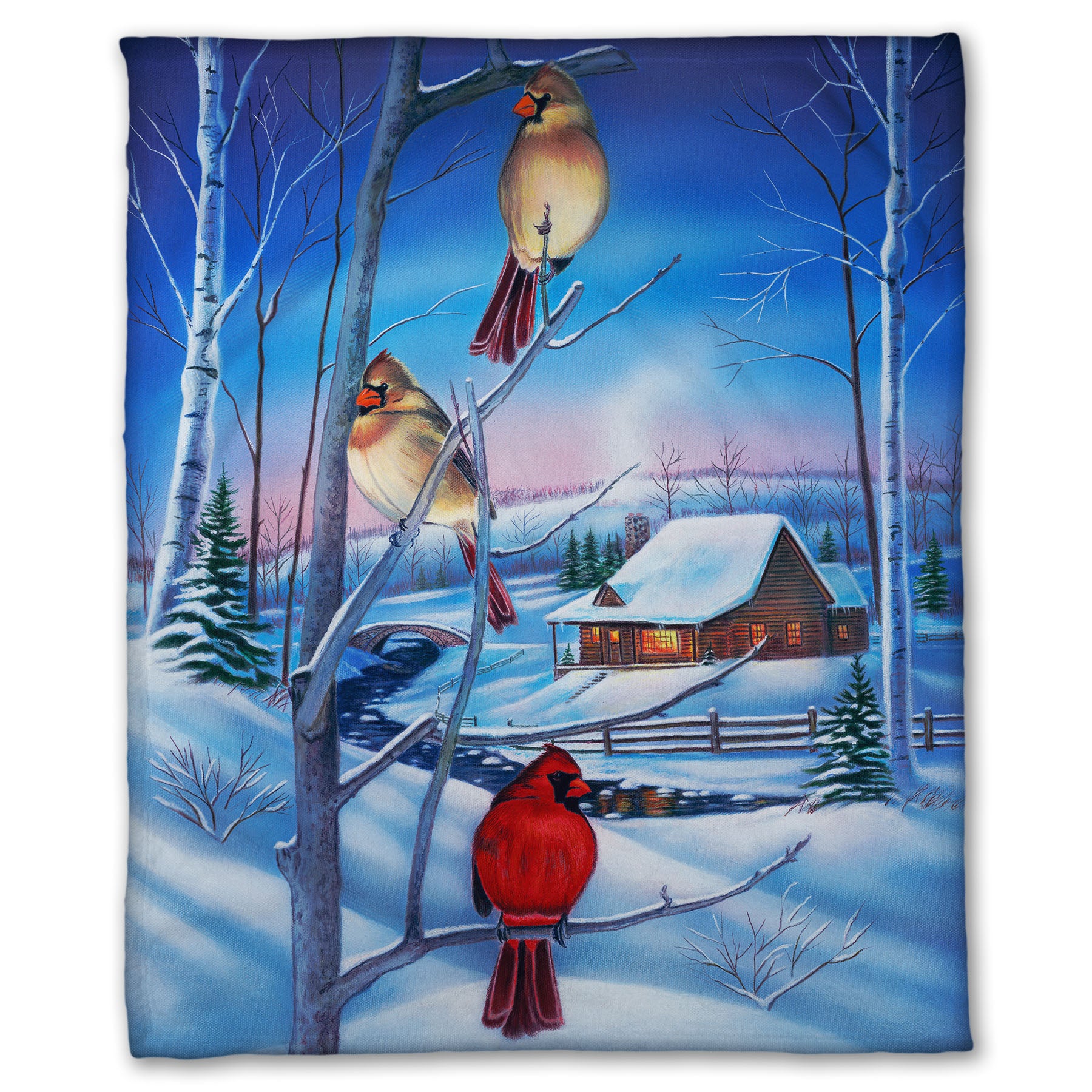 Coral fleece blanket designed with a snowy winter scene, focused on cardinals near a cabin.