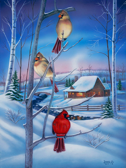 A painting of three cardinals, perched on branches above the snow. A cabin can be seen in the background, warm and inviting.