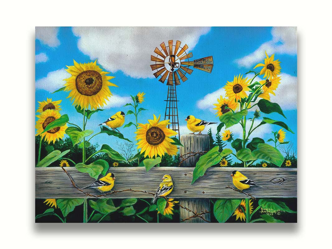 A painting of a field of sunflowers and yellow American Goldfinches, also known as chickadees. The sky is a vibrant blue, and a windmill sits in the background. Printed on canvas.