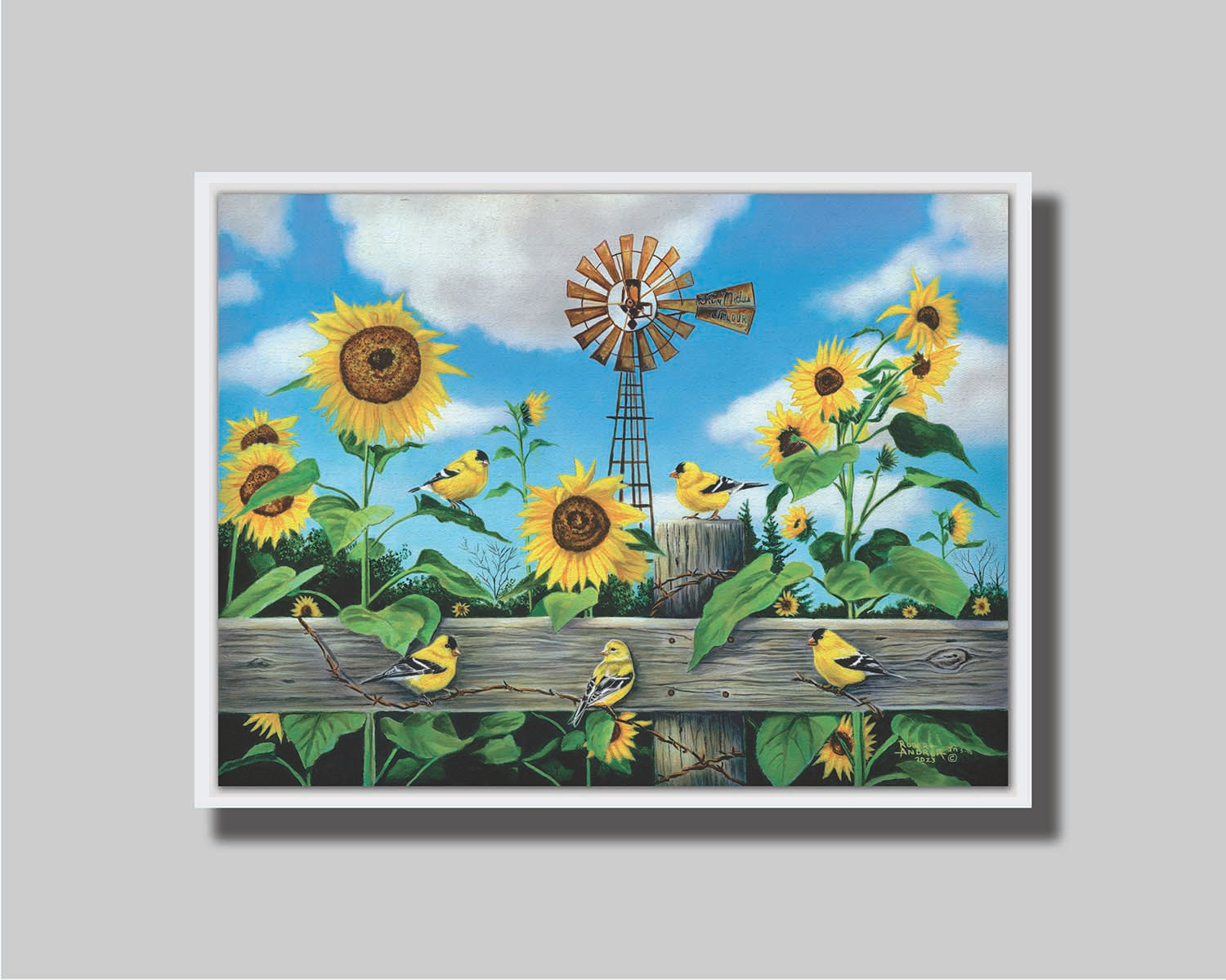 A painting of a field of sunflowers and yellow American Goldfinches, also known as chickadees. The sky is a vibrant blue, and a windmill sits in the background. Printed on metal.