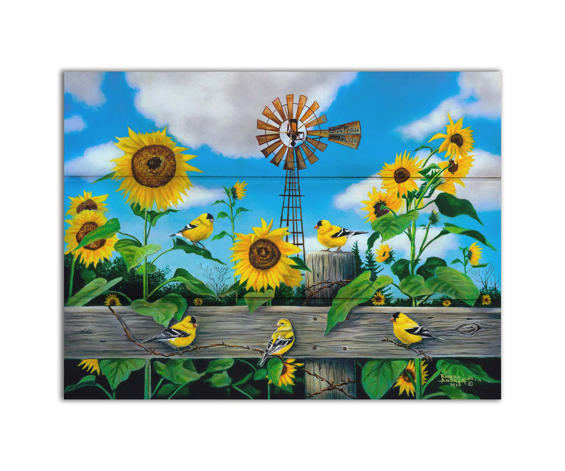 A painting of a field of sunflowers and yellow American Goldfinches, also known as chickadees. The sky is a vibrant blue, and a windmill sits in the background. Printed on a box board.