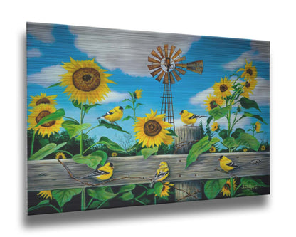 A painting of a field of sunflowers and yellow American Goldfinches, also known as chickadees. The sky is a vibrant blue, and a windmill sits in the background. Printed on