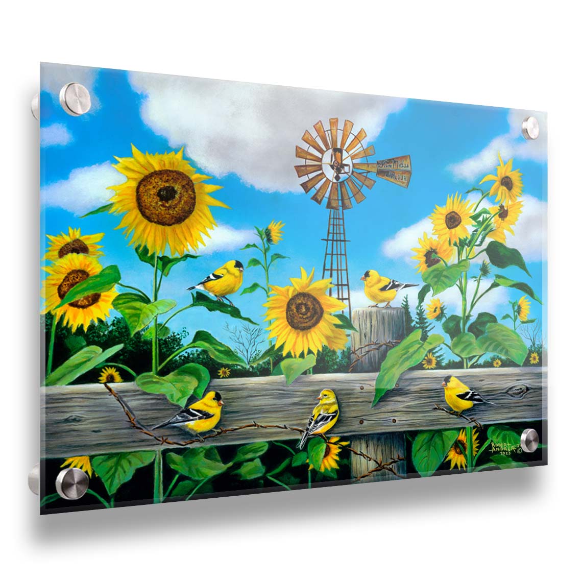 A painting of a field of sunflowers and yellow American Goldfinches, also known as chickadees. The sky is a vibrant blue, and a windmill sits in the background. Printed on acrylic.