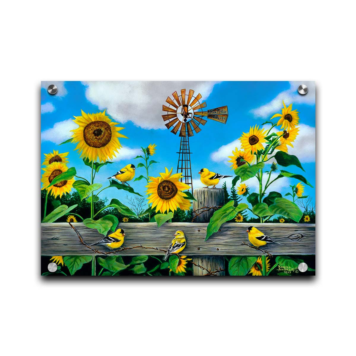 A painting of a field of sunflowers and yellow American Goldfinches, also known as chickadees. The sky is a vibrant blue, and a windmill sits in the background. Printed on acrylic.