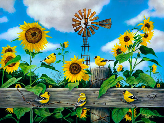 A painting of a field of sunflowers and yellow American Goldfinches, also known as chickadees. The sky is a vibrant blue, and a windmill sits in the background.