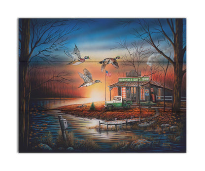 A painting of three ducks flying over the water, in front of a bait shop at sunset. Printed on a box board.