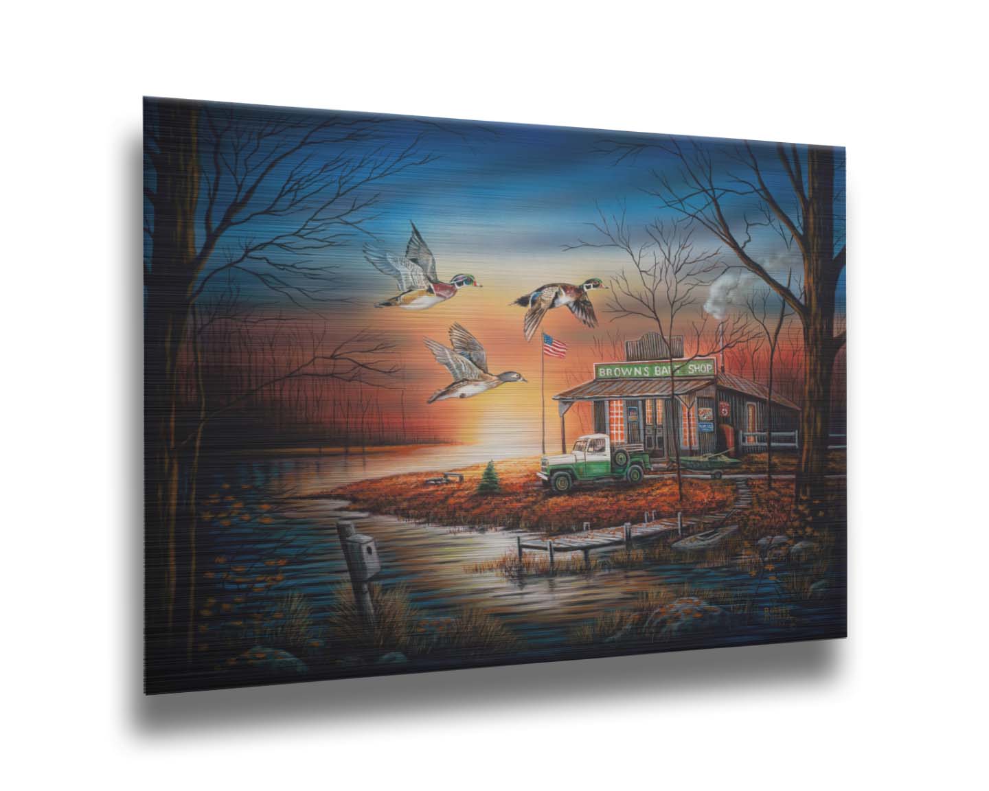 A painting of three ducks flying over the water, in front of a bait shop at sunset. Printed on metal.