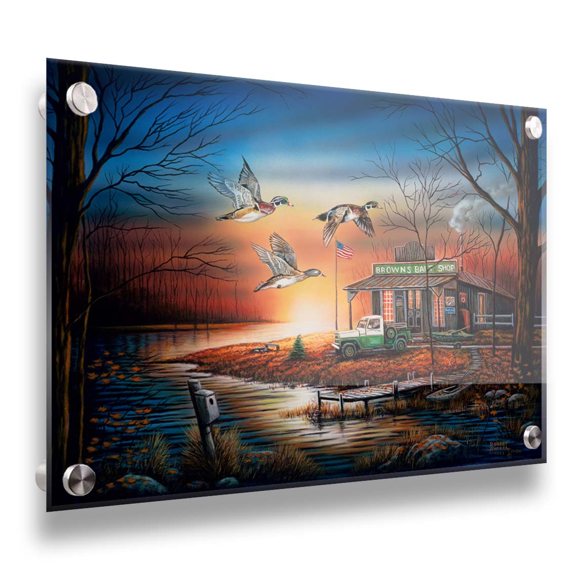 A painting of three ducks flying over the water, in front of a bait shop at sunset. Printed on acrylic.