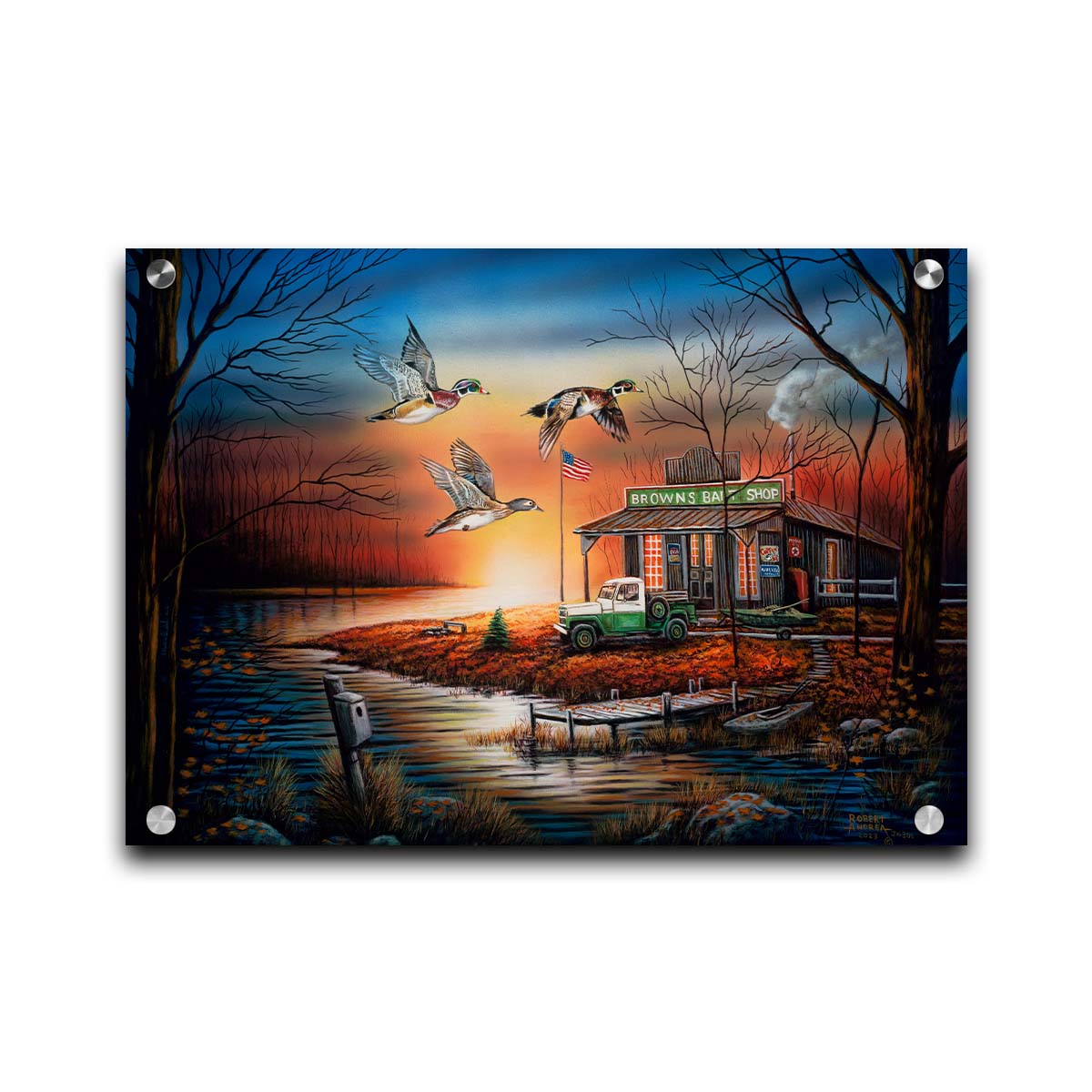 A painting of three ducks flying over the water, in front of a bait shop at sunset. Printed on acrylic.