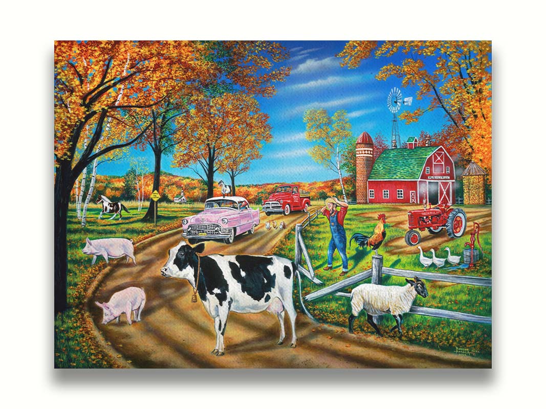 A painting of a farmer in distress as he watches his animals escaping through a broken fence. Cows, sheep, goats, horses, chickens, and ducks all walk through the fence into the dirt road, blocking the traffic of 1950s cars. Printed on canvas.