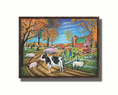 A painting of a farmer in distress as he watches his animals escaping through a broken fence. Cows, sheep, goats, horses, chickens, and ducks all walk through the fence into the dirt road, blocking the traffic of 1950s cars. Printed on canvas in a float frame.