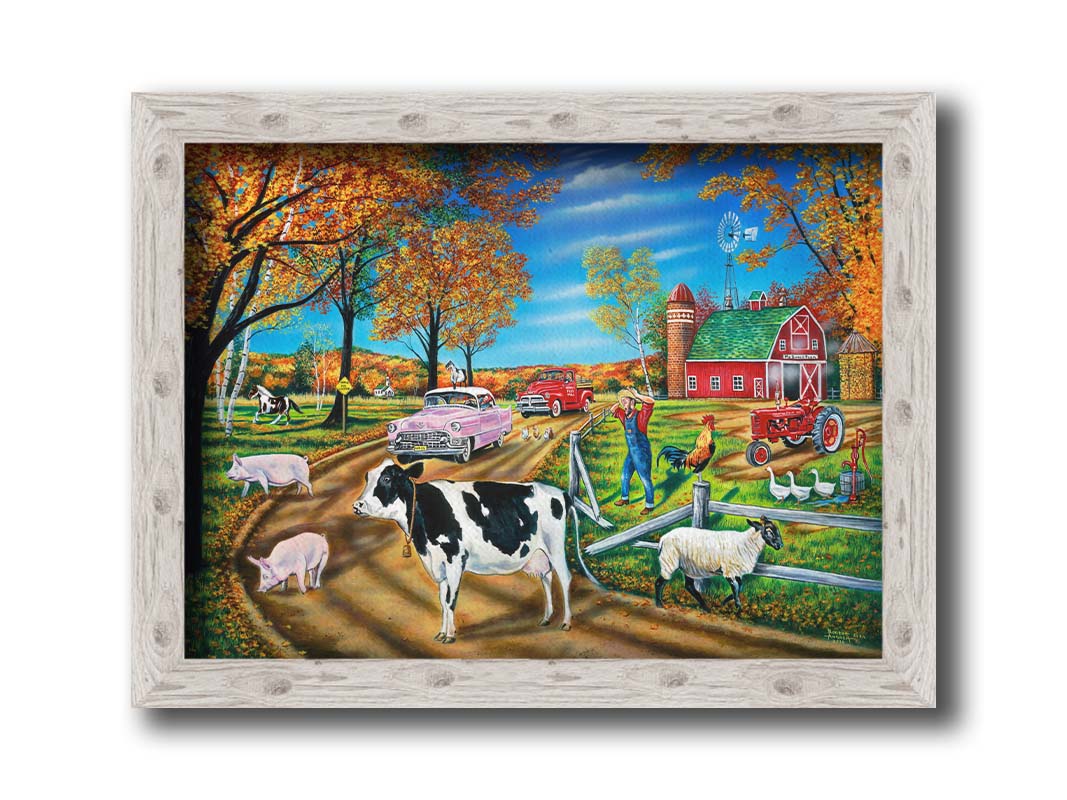 A painting of a farmer in distress as he watches his animals escaping through a broken fence. Cows, sheep, goats, horses, chickens, and ducks all walk through the fence into the dirt road, blocking the traffic of 1950s cars. Printed on canvas and framed.