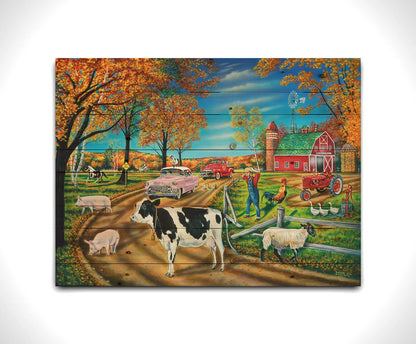 A painting of a farmer in distress as he watches his animals escaping through a broken fence. Cows, sheep, goats, horses, chickens, and ducks all walk through the fence into the dirt road, blocking the traffic of 1950s cars. Printed on a wood pallet.