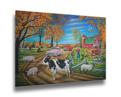 A painting of a farmer in distress as he watches his animals escaping through a broken fence. Cows, sheep, goats, horses, chickens, and ducks all walk through the fence into the dirt road, blocking the traffic of 1950s cars. Printed on metal.