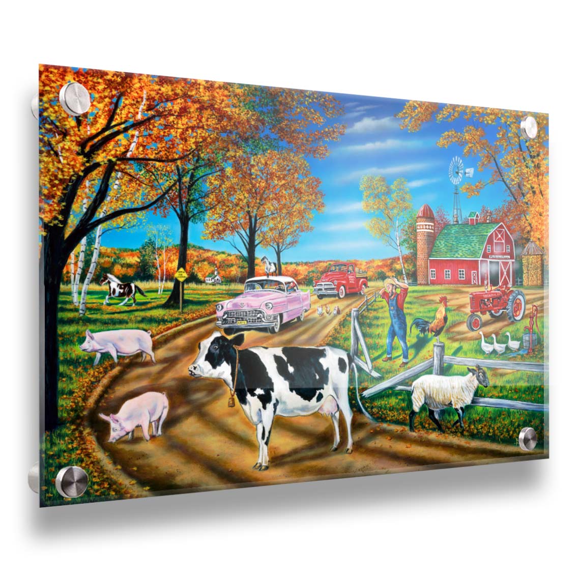 A painting of a farmer in distress as he watches his animals escaping through a broken fence. Cows, sheep, goats, horses, chickens, and ducks all walk through the fence into the dirt road, blocking the traffic of 1950s cars. Printed on acrylic.