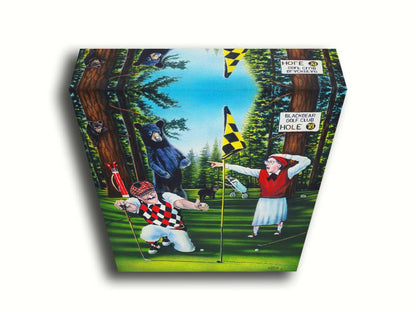 A painting of two golfers lining up at the 18th hole to put. A family of bears stand behind them, much to their shock. Printed on canvas.