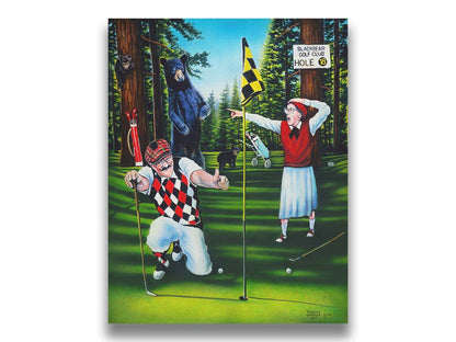 A painting of two golfers lining up at the 18th hole to put. A family of bears stand behind them, much to their shock. Printed on canvas.