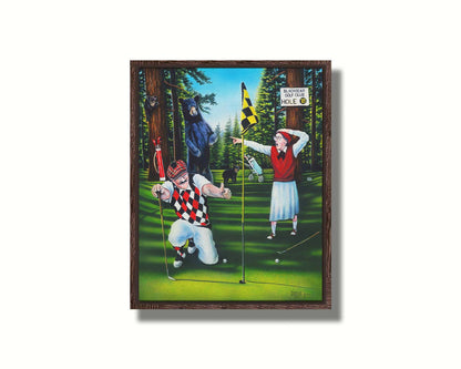 A painting of two golfers lining up at the 18th hole to put. A family of bears stand behind them, much to their shock. Printed on canvas in a float frame.