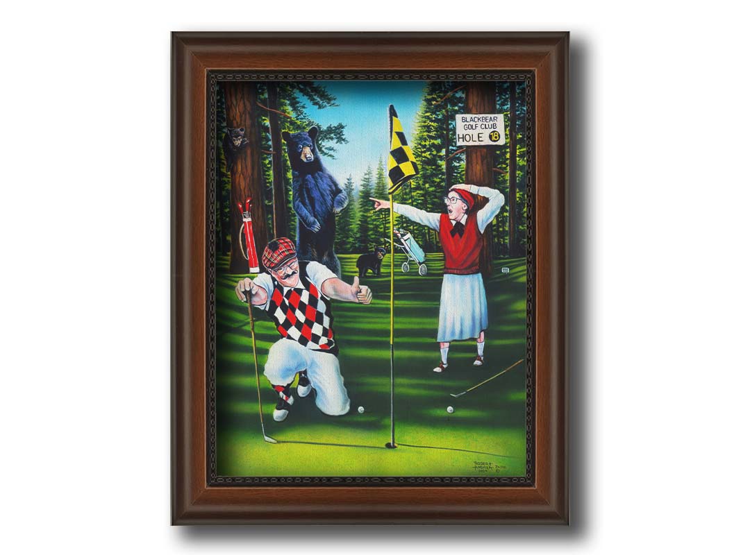 A painting of two golfers lining up at the 18th hole to put. A family of bears stand behind them, much to their shock. Printed on canvas and framed.