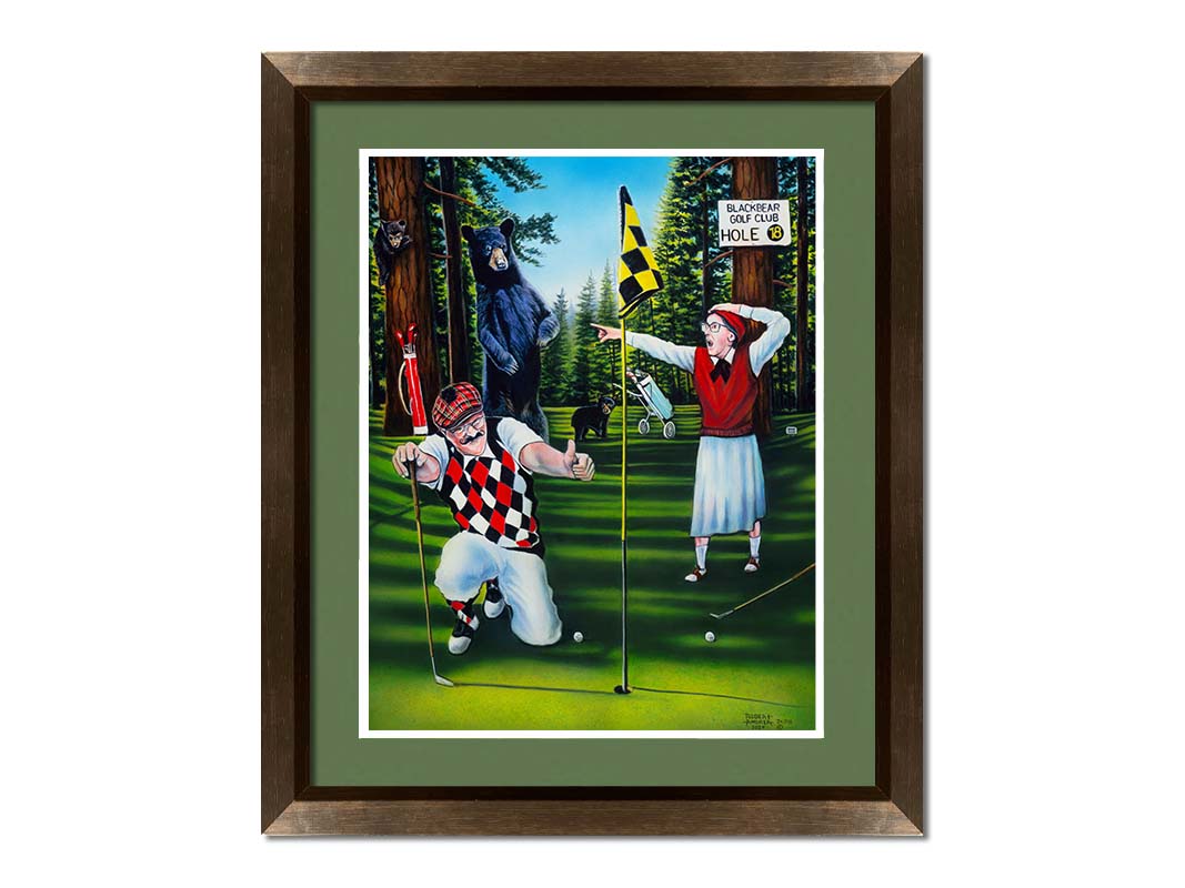 A painting of two golfers lining up at the 18th hole to put. A family of bears stand behind them, much to their shock. Printed on paper, matted, and framed.