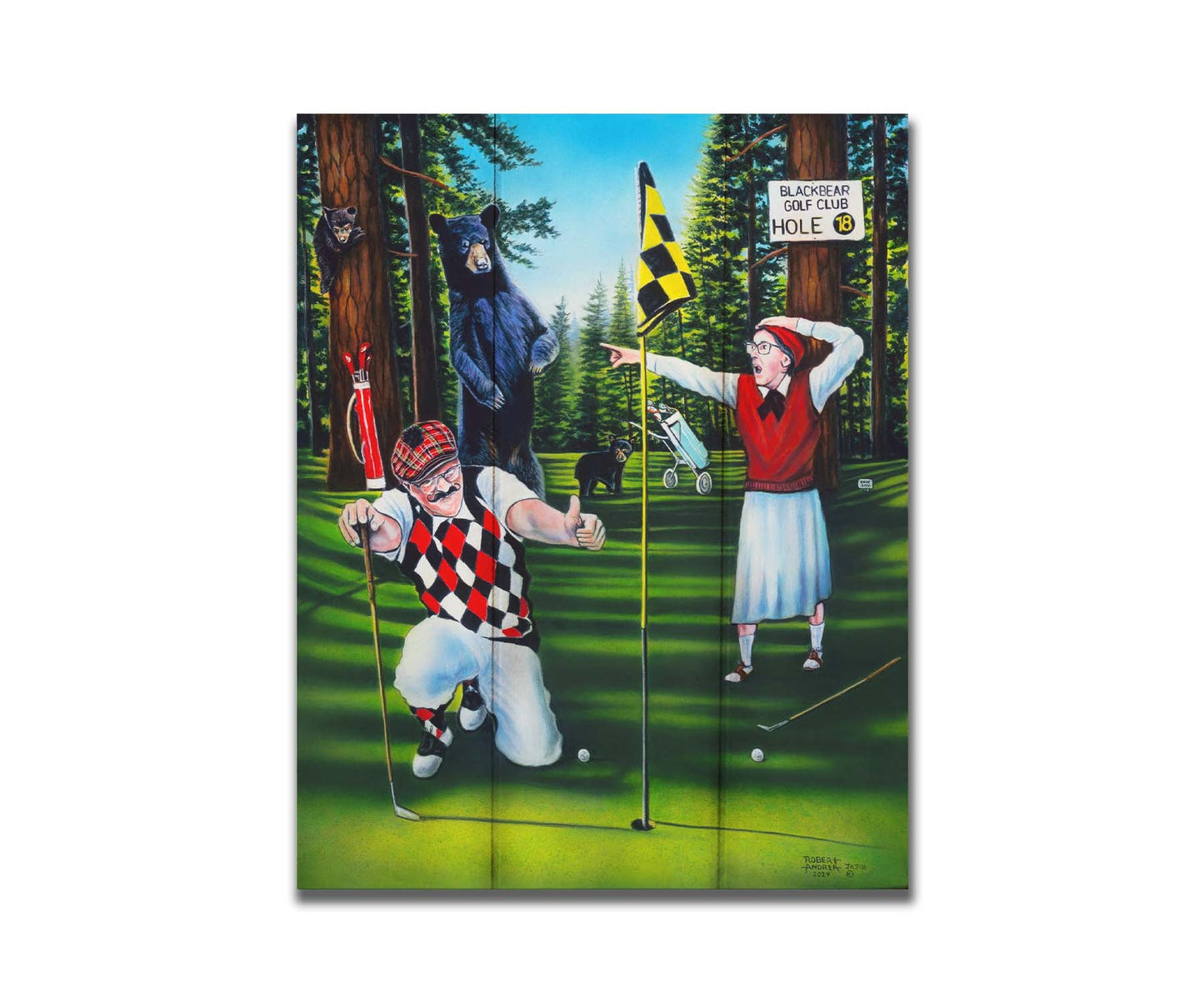 A painting of two golfers lining up at the 18th hole to put. A family of bears stand behind them, much to their shock. Printed on a box board.