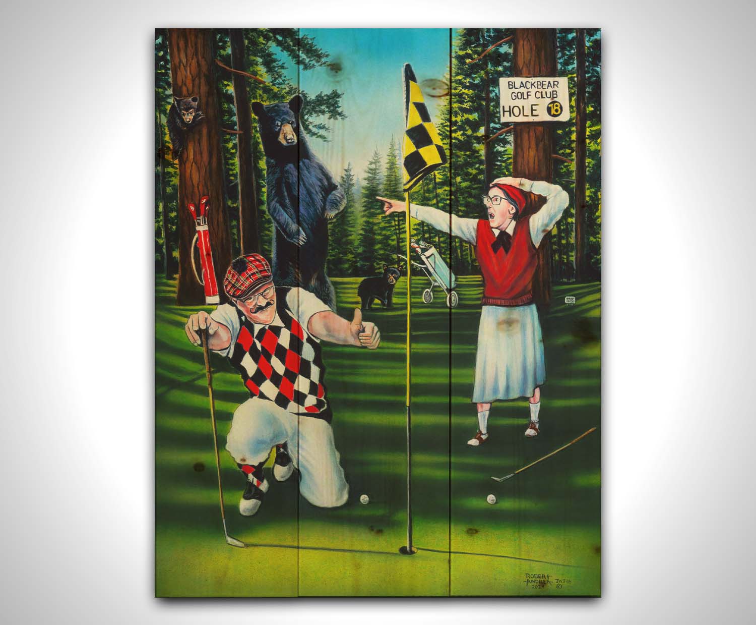 A painting of two golfers lining up at the 18th hole to put. A family of bears stand behind them, much to their shock. Printed on a wood pallet.