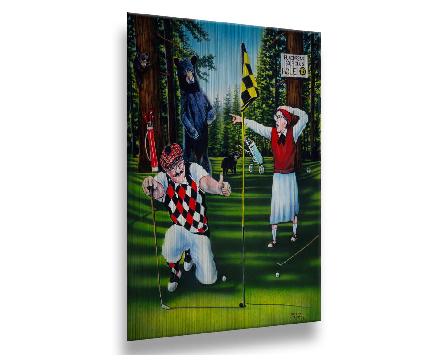 A painting of two golfers lining up at the 18th hole to put. A family of bears stand behind them, much to their shock. Printed on metal.