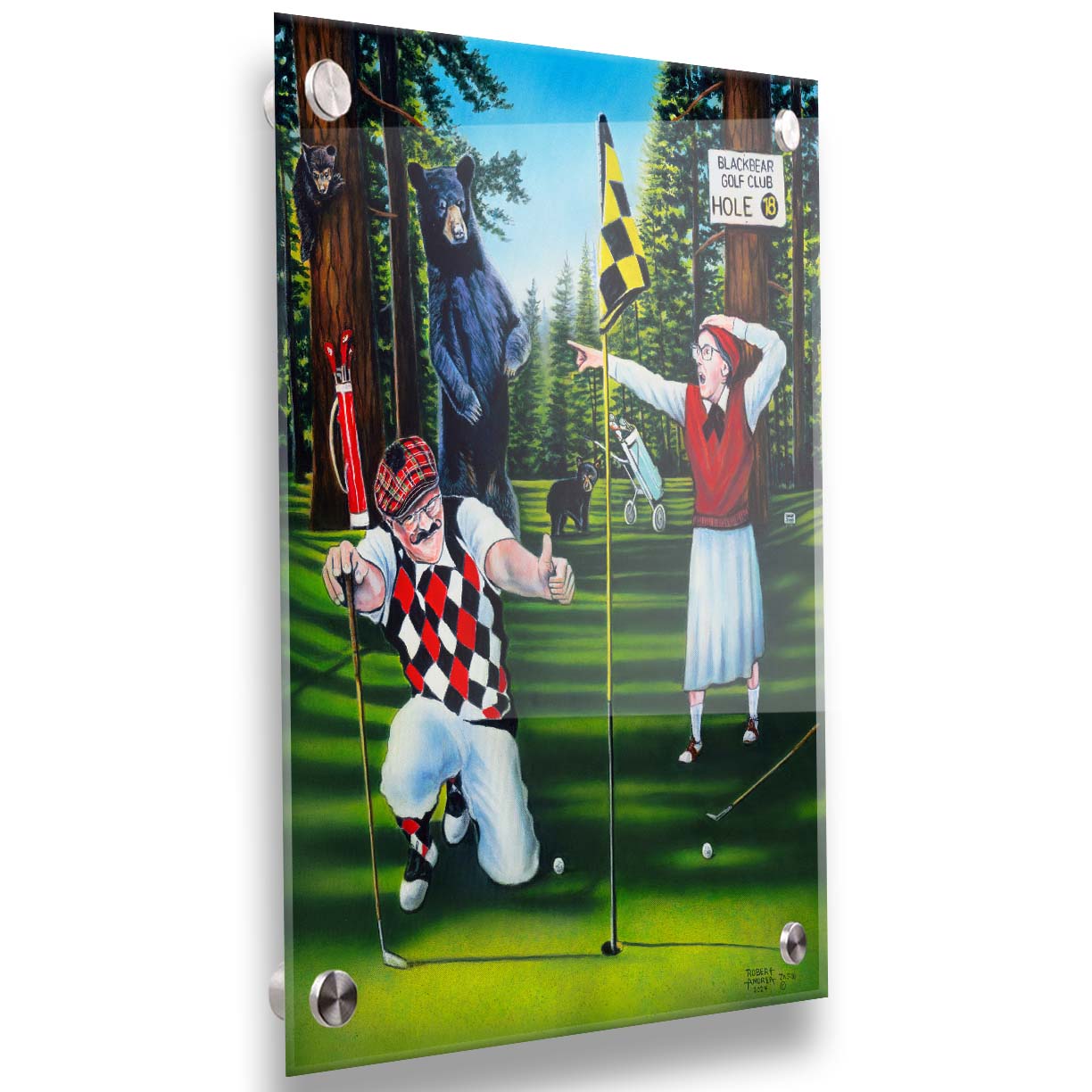 A painting of two golfers lining up at the 18th hole to put. A family of bears stand behind them, much to their shock. Printed on acrylic.