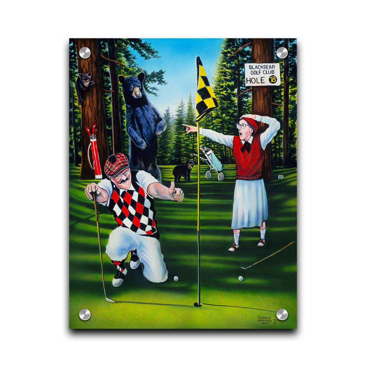 A painting of two golfers lining up at the 18th hole to put. A family of bears stand behind them, much to their shock. Printed on acrylic.