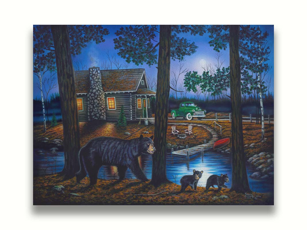 A painting of a mother bear and her two children walking through the woods. There is a cabin in thre background, its windows emitting a gentle warm light in the night. Printed on canvas.