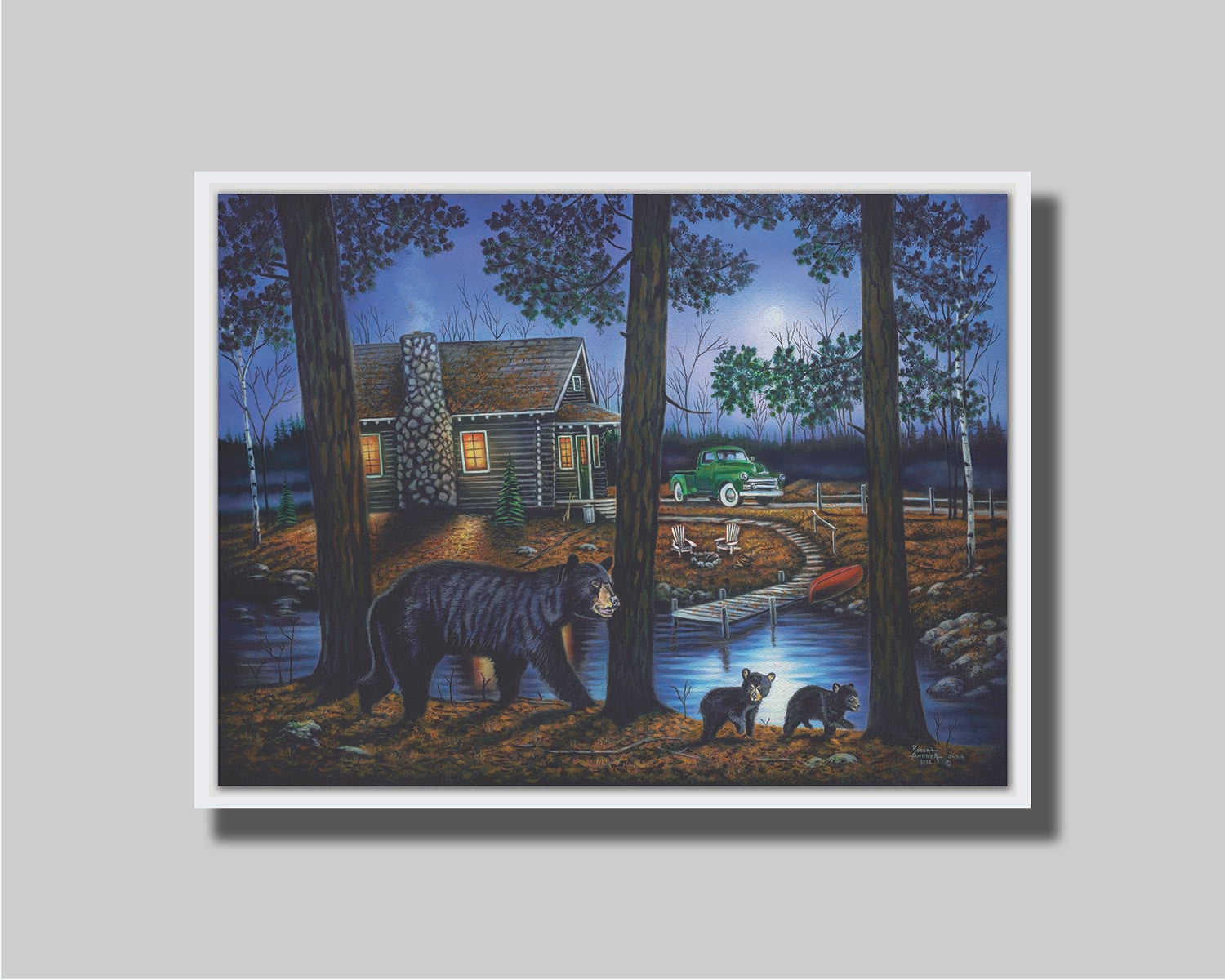 A painting of a mother bear and her two children walking through the woods. There is a cabin in thre background, its windows emitting a gentle warm light in the night. Printed on canvas in a float frame.