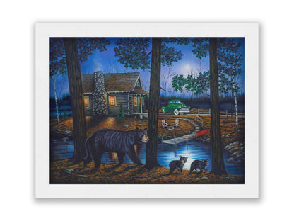 A painting of a mother bear and her two children walking through the woods. There is a cabin in thre background, its windows emitting a gentle warm light in the night. Printed on paper, matted, and framed.