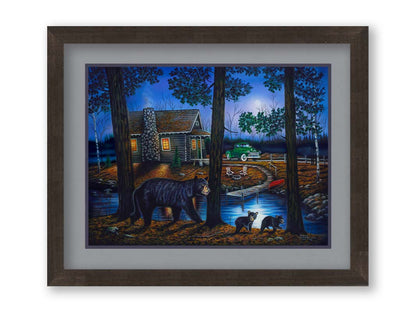 A painting of a mother bear and her two children walking through the woods. There is a cabin in thre background, its windows emitting a gentle warm light in the night. Printed on a wood pallet.