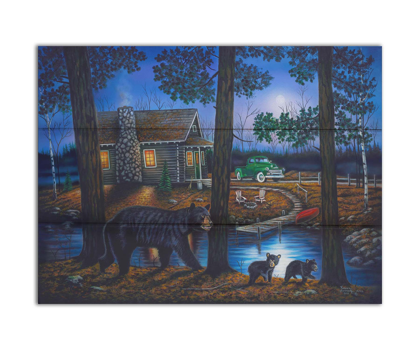 A painting of a mother bear and her two children walking through the woods. There is a cabin in thre background, its windows emitting a gentle warm light in the night. Printed on acrylic.