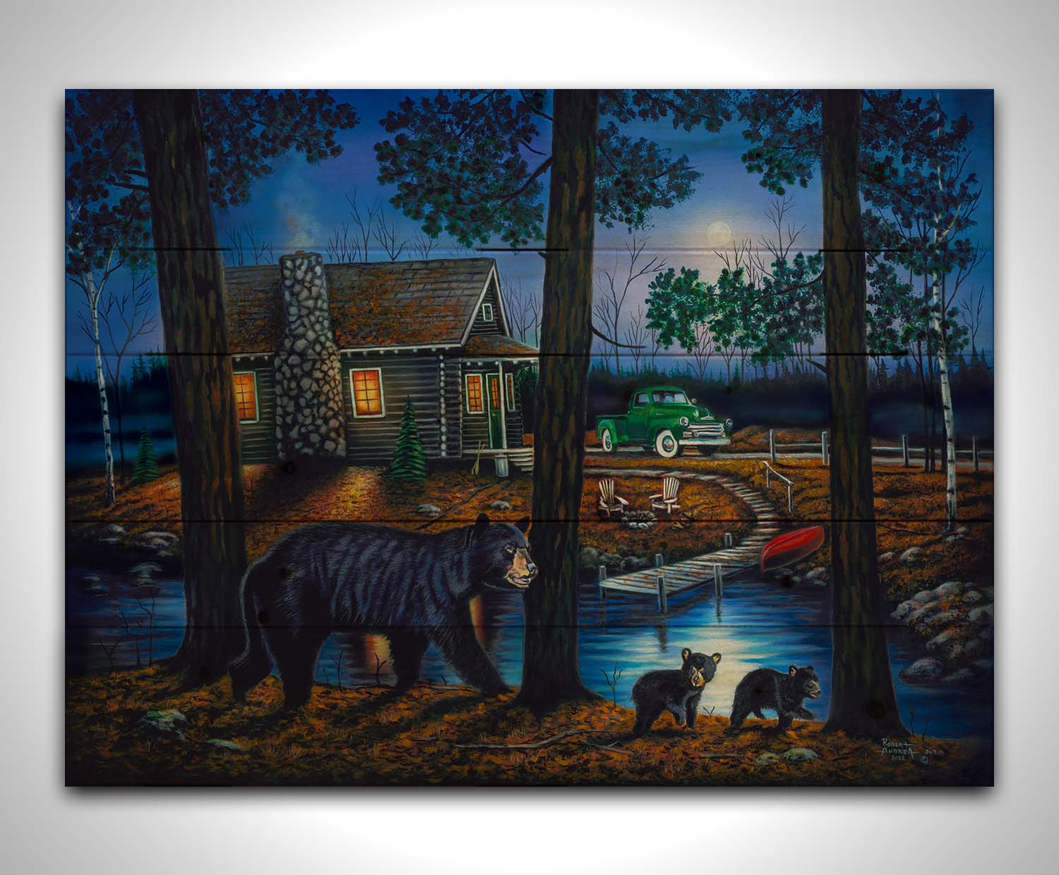 A painting of a mother bear and her two children walking through the woods. There is a cabin in thre background, its windows emitting a gentle warm light in the night. Printed on a box board.