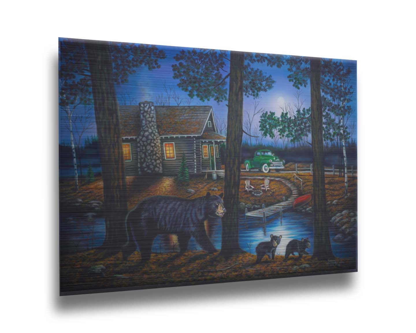 A painting of a mother bear and her two children walking through the woods. There is a cabin in thre background, its windows emitting a gentle warm light in the night. Printed on metal.