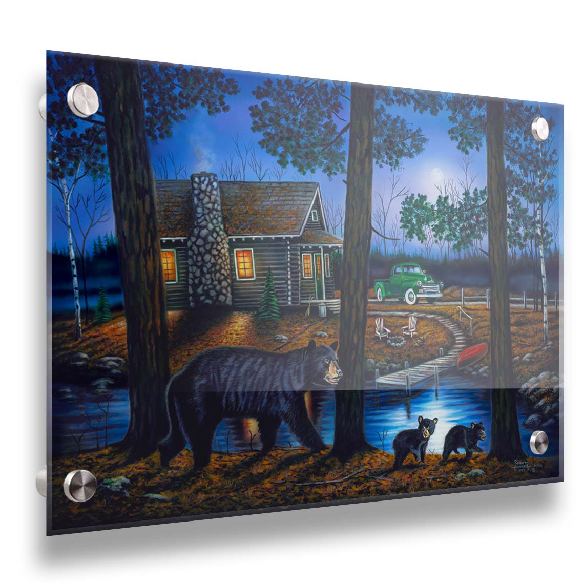 A painting of a mother bear and her two children walking through the woods. There is a cabin in thre background, its windows emitting a gentle warm light in the night. Printed on acrylic.